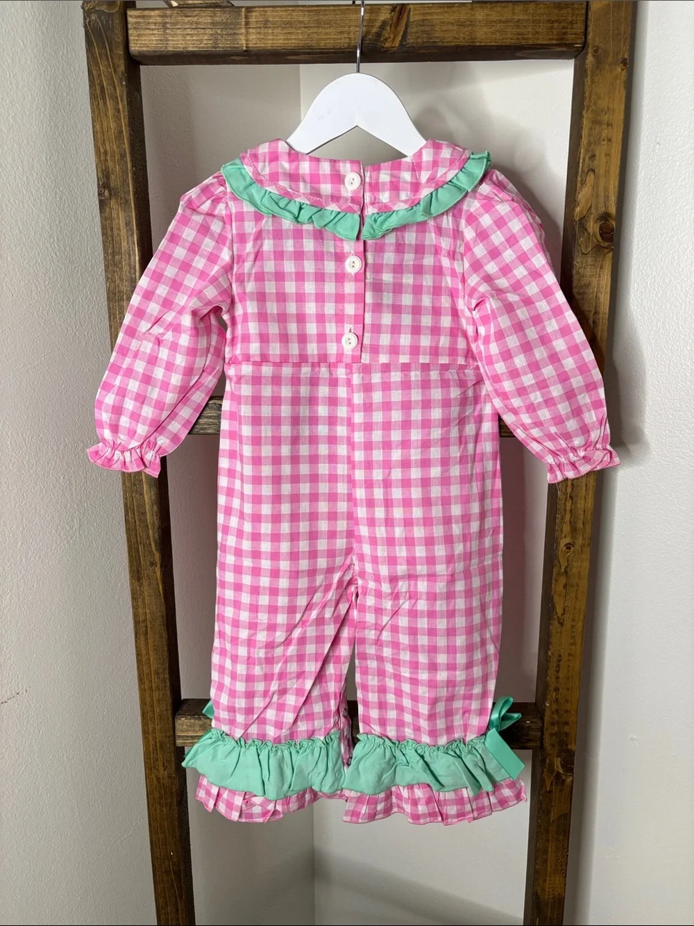 Pink Gingham Smocked Christmas One-Piece with Mint Ruffle Trim Size 18M